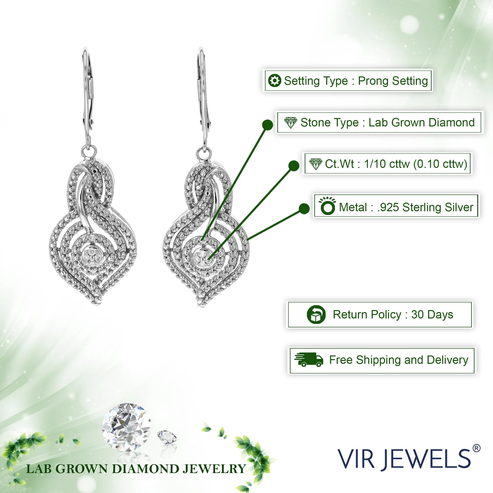 1/10 cttw Round Lab Grown Diamond Dangle Earrings .925 Sterling Silver Prong Set 1 2/3 Inch