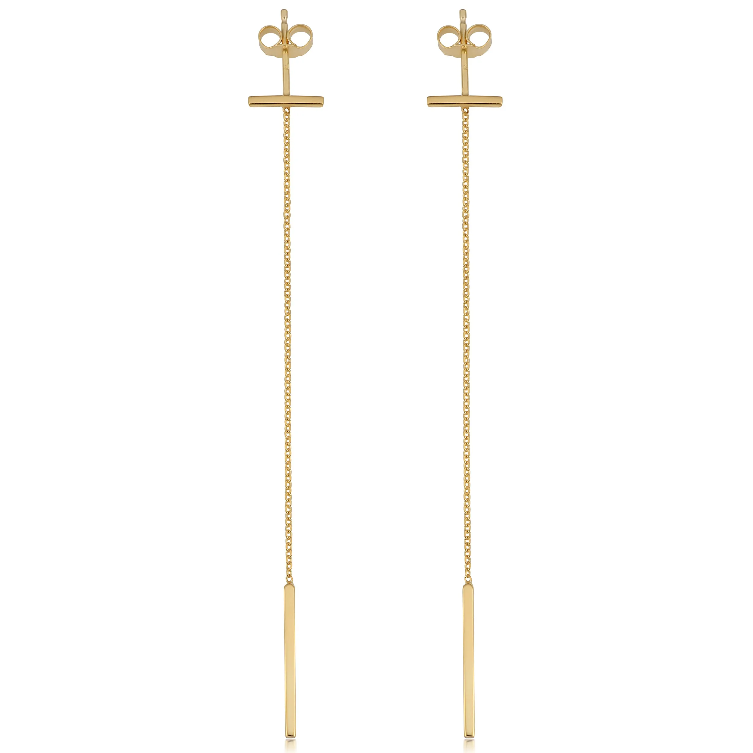 14k Yellow Gold Bar Dangle Earrings, 2.5"