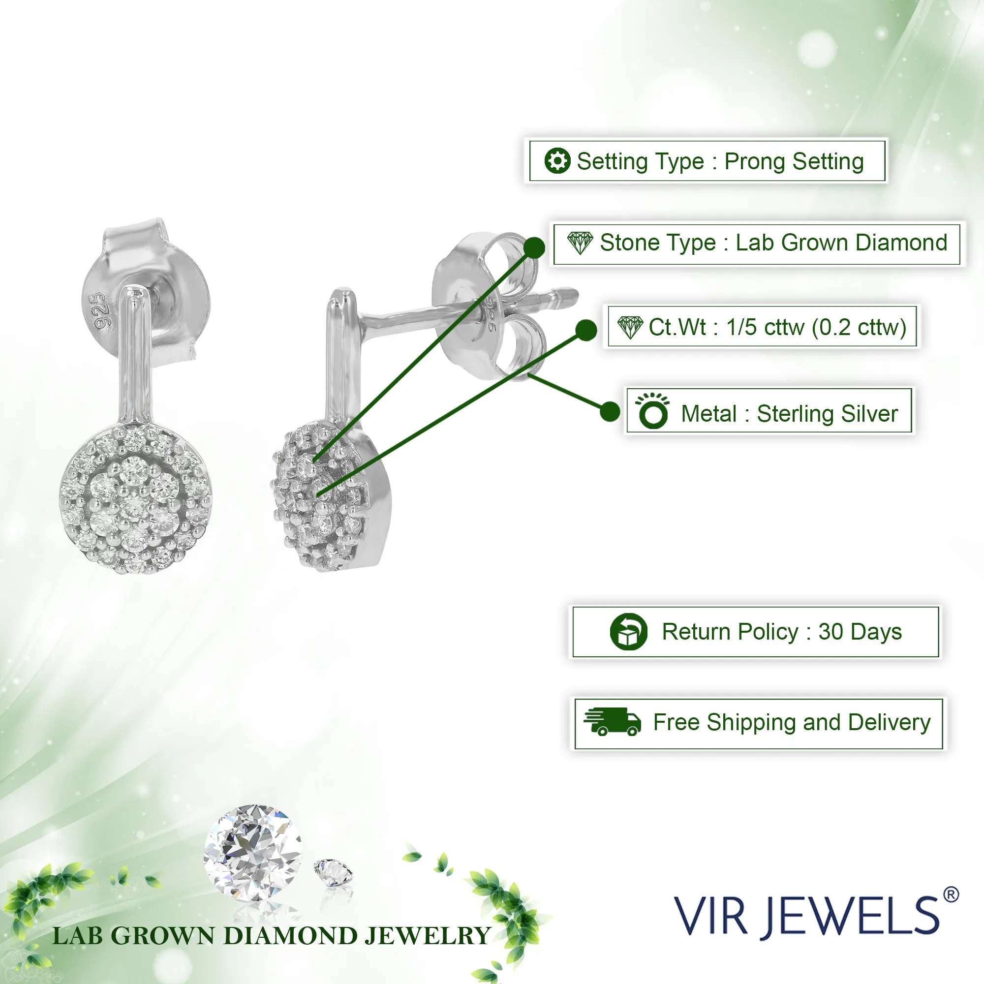 1/5 cttw Round Lab Grown Diamond Dangle Earrings .925 Sterling Silver Prong Settings Size 1/2 Inch