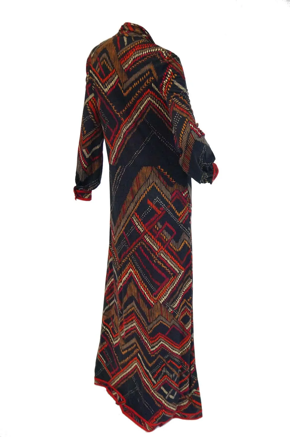 1970s Leonard Black and Red Abstract Tribal Print Nylon Jersey Dress NWT