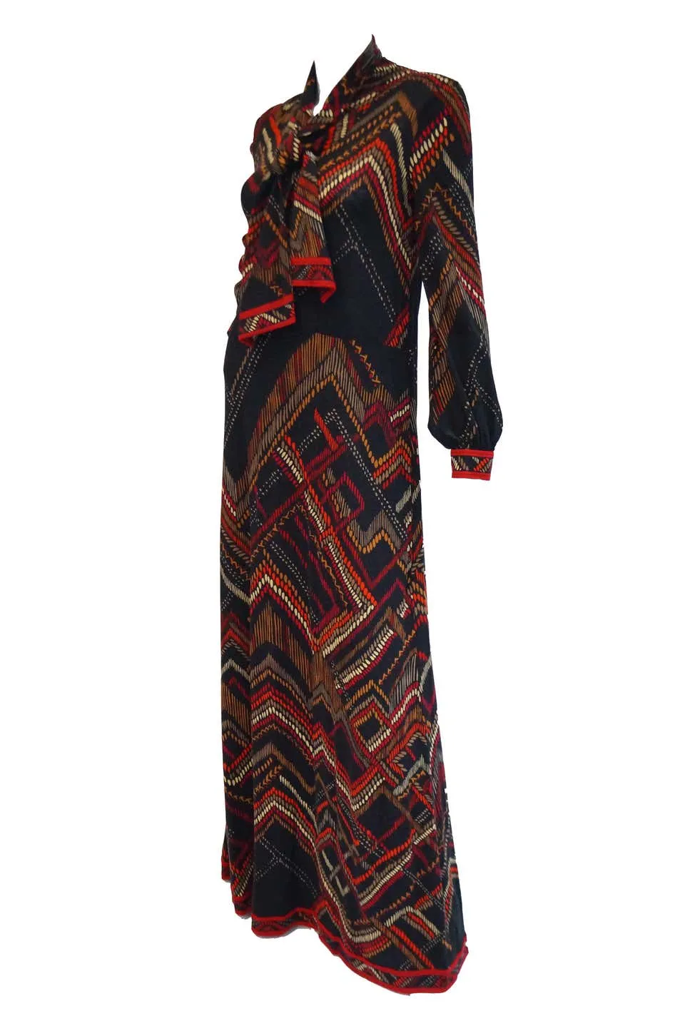 1970s Leonard Black and Red Abstract Tribal Print Nylon Jersey Dress NWT