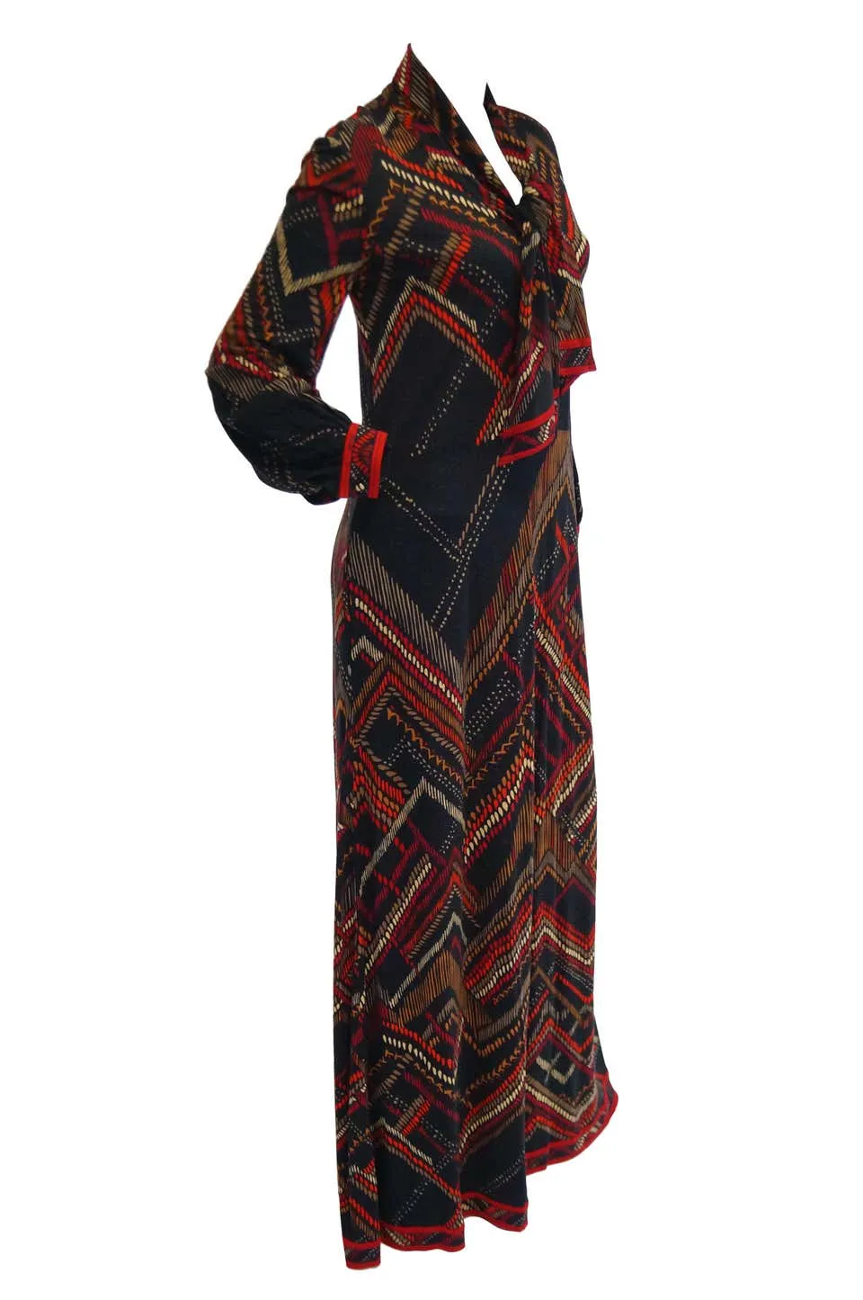 1970s Leonard Black and Red Abstract Tribal Print Nylon Jersey Dress NWT