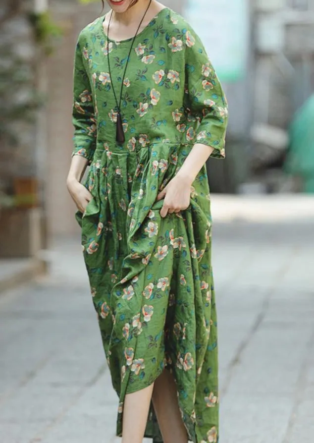 2018 green print natural linen dress Loose fitting O neck linen clothing dresses 2018 Three Quarter sleeve baggy dresses