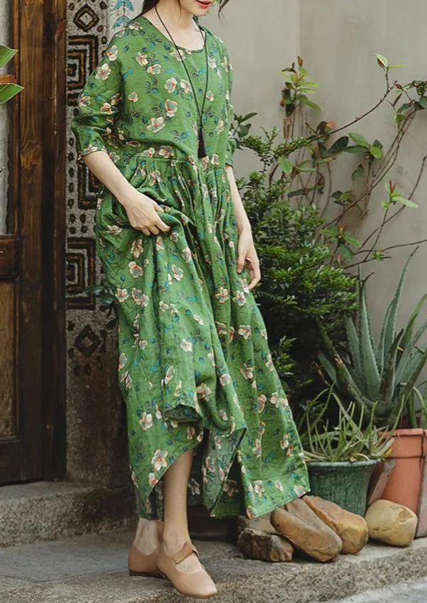 2018 green print natural linen dress Loose fitting O neck linen clothing dresses 2018 Three Quarter sleeve baggy dresses