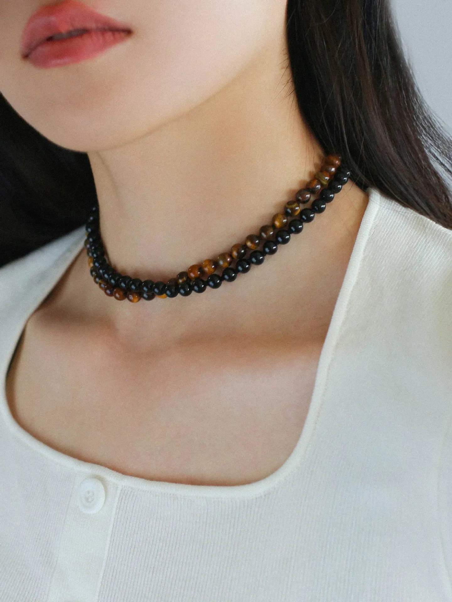 925 Silver Clasp Tiger's Eye Beaded Choker Necklace