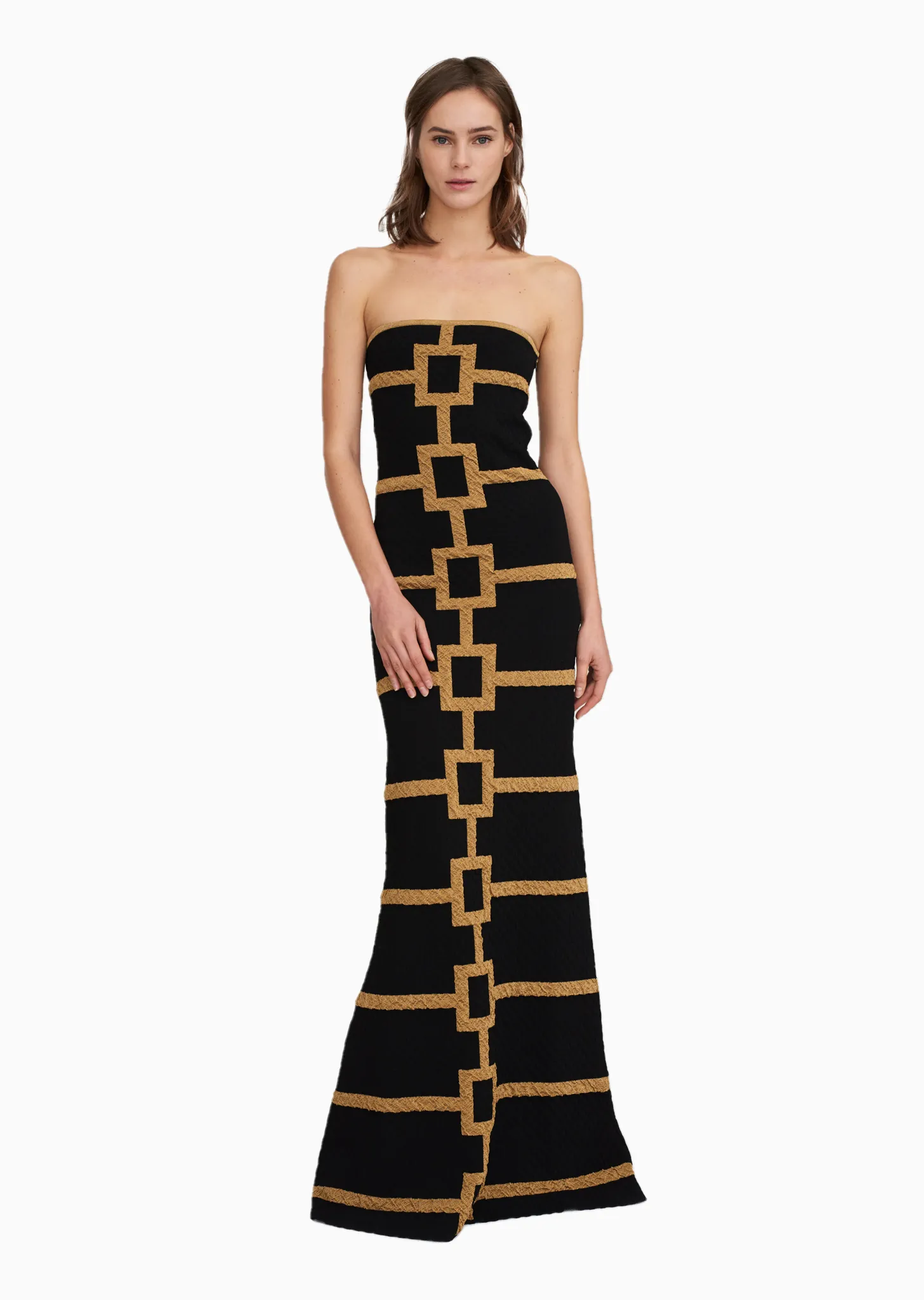 Aubrey - Strapless Black Tie Gowns, Geometric Maxi Dress