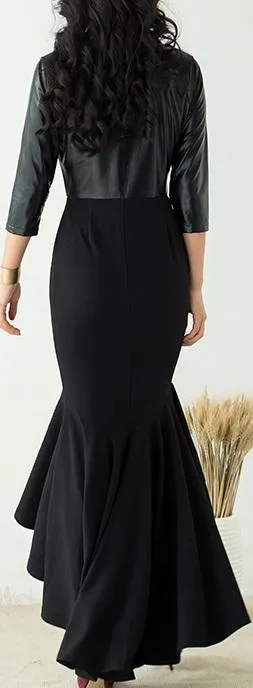 Black Faux-Leather Notched Collar Ruffle-Hem Maxi Dress