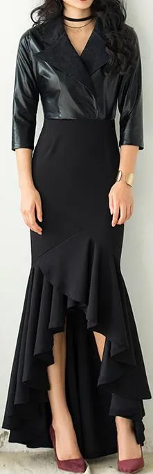 Black Faux-Leather Notched Collar Ruffle-Hem Maxi Dress