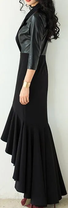 Black Faux-Leather Notched Collar Ruffle-Hem Maxi Dress