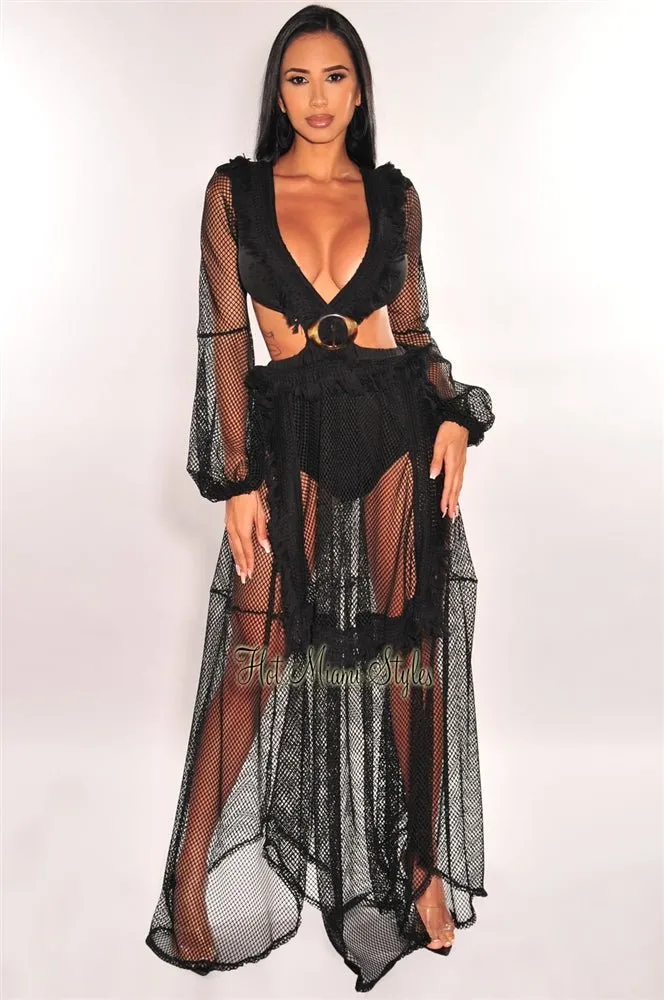 Black Fringe Cut Out Lace Up Back Long Sleeves Maxi Dress