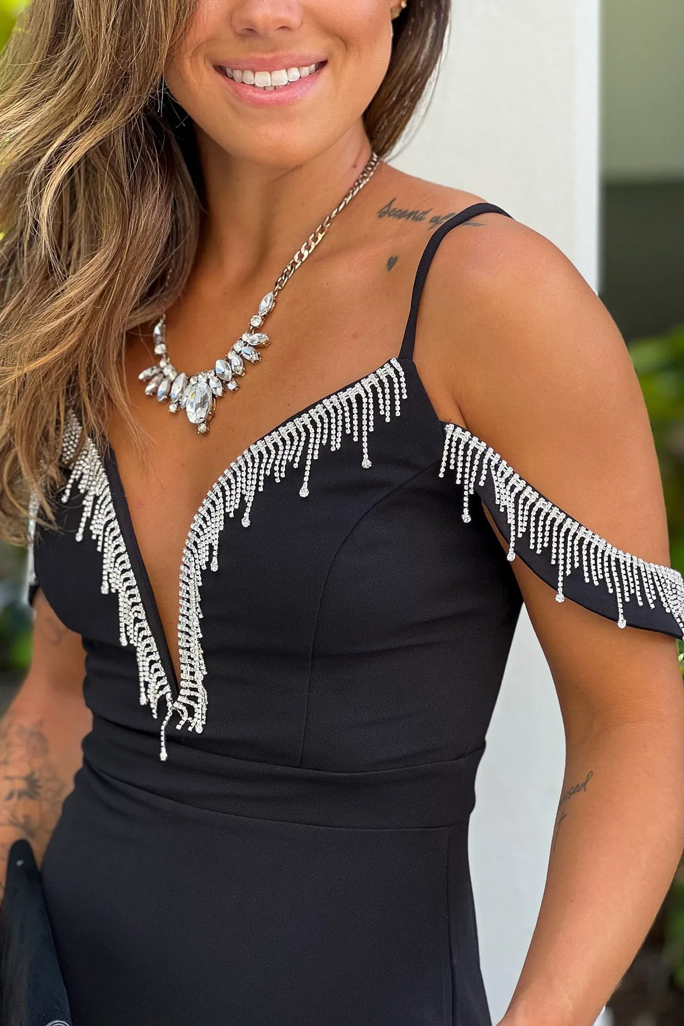 Black Maxi Dress With Rhinestone Fringe Detail