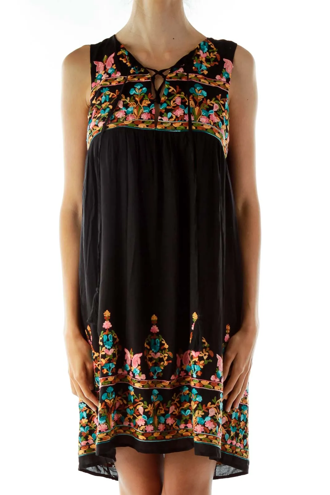 Black Sleeveless Embroidered Day Dress