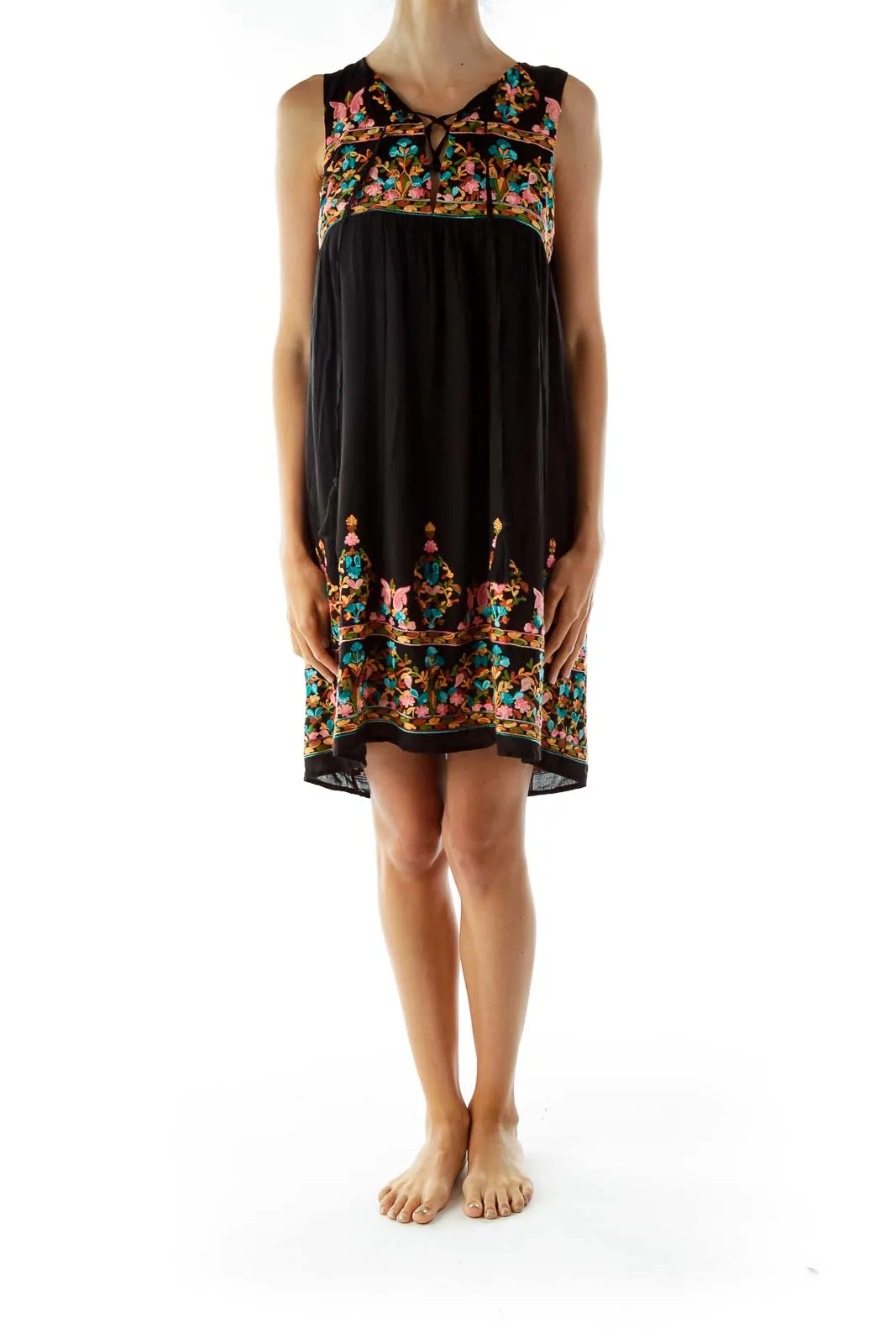 Black Sleeveless Embroidered Day Dress