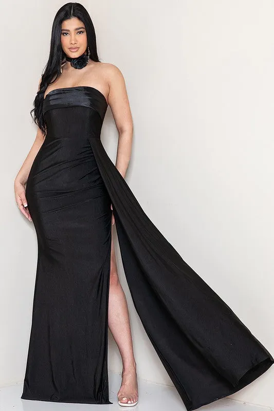 Black Strapless Draped Side Split Maxi Dress