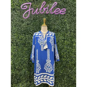 Blue 3/4 Sleeve Dress with Tie Tassel