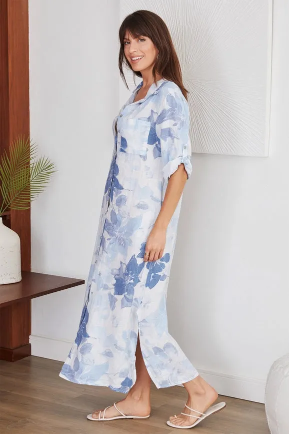 Blue Floral Button Down Linen Dress