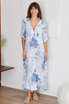 Blue Floral Button Down Linen Dress