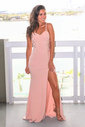 Blush Embroidered Sleeveless Maxi Dress with Side Slit