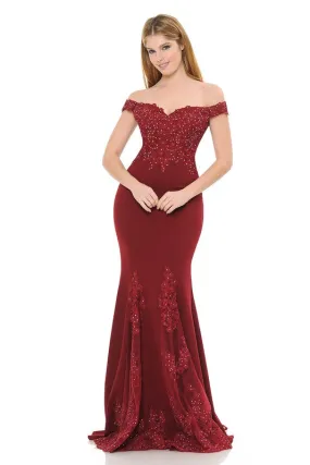 Burgundy Off-Shoulder Embroidered Crepe Godet Formal Dress