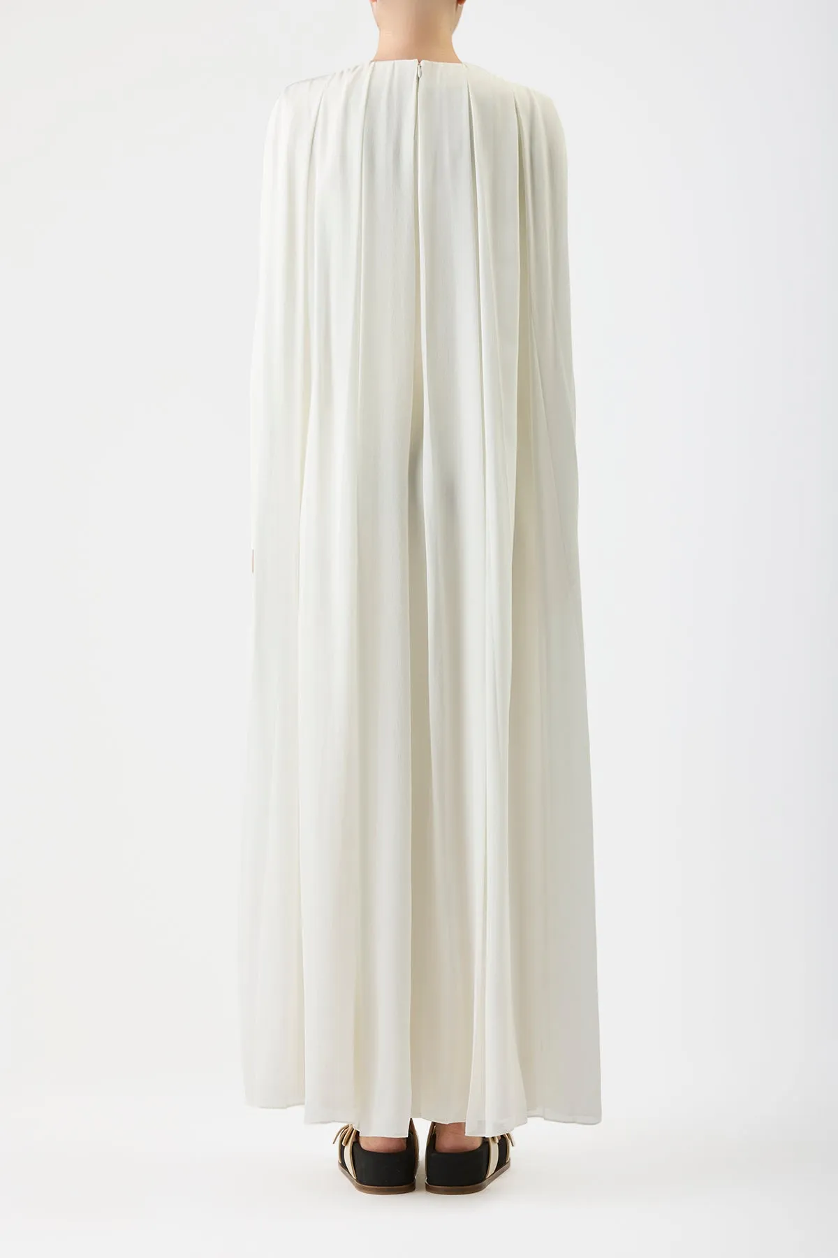 Carlota Draped Maxi Gown in Ivory Silk Wool Cady