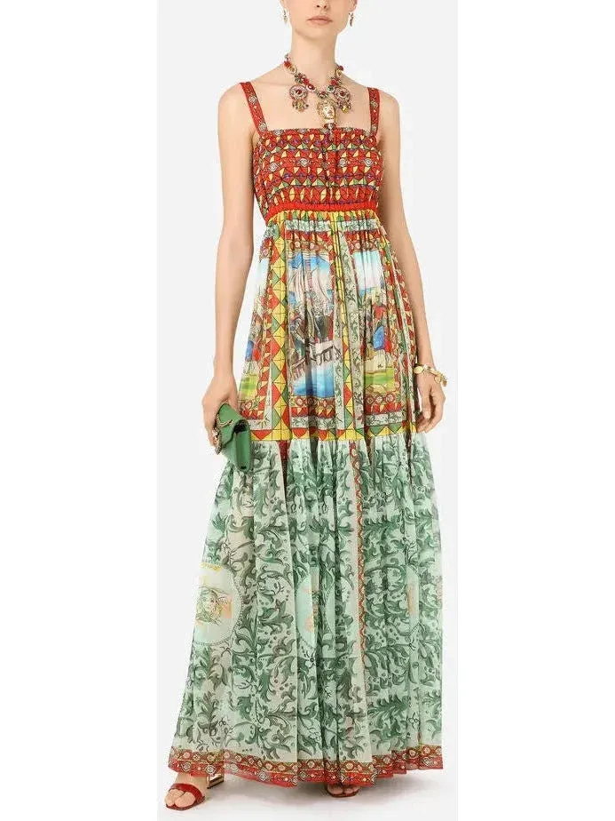 Carretto Print Chiffon Maxi Dress in Multicolor