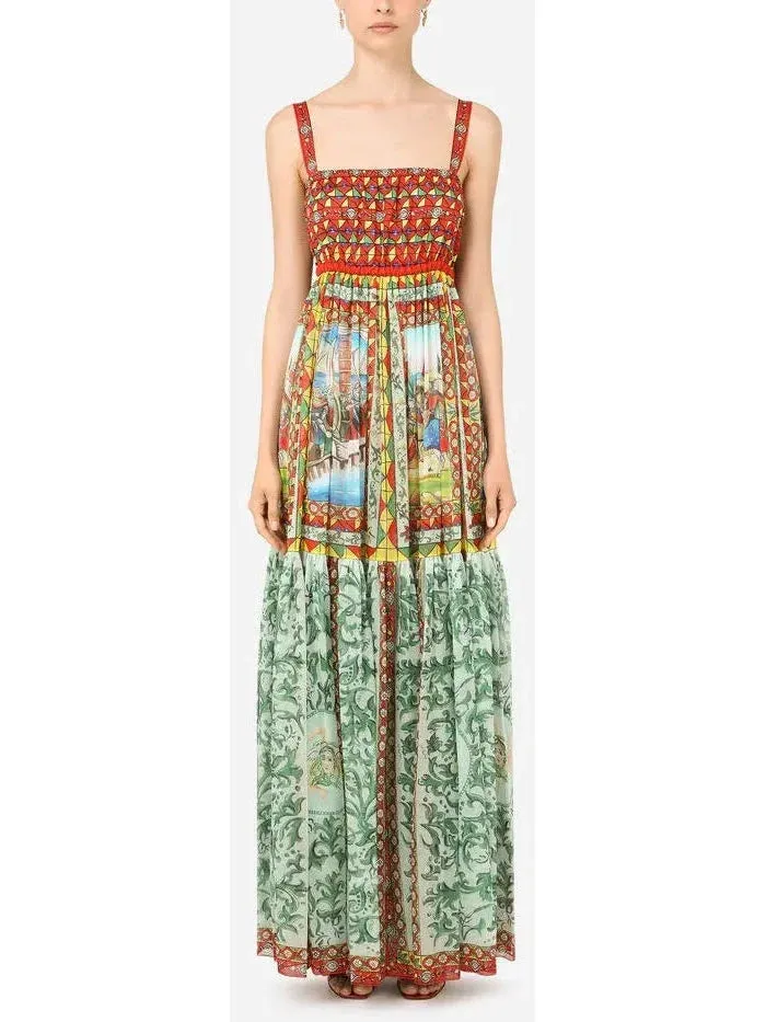 Carretto Print Chiffon Maxi Dress in Multicolor