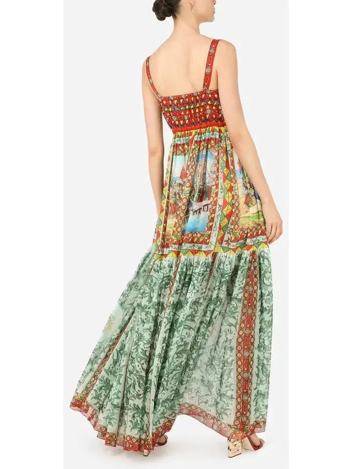 Carretto Print Chiffon Maxi Dress in Multicolor