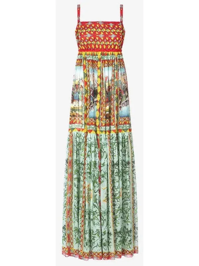 Carretto Print Chiffon Maxi Dress in Multicolor