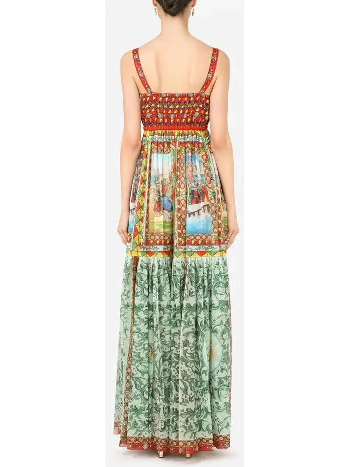 Carretto Print Chiffon Maxi Dress in Multicolor