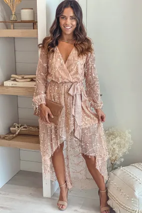 Champagne Sequin Fringe High Low Dress