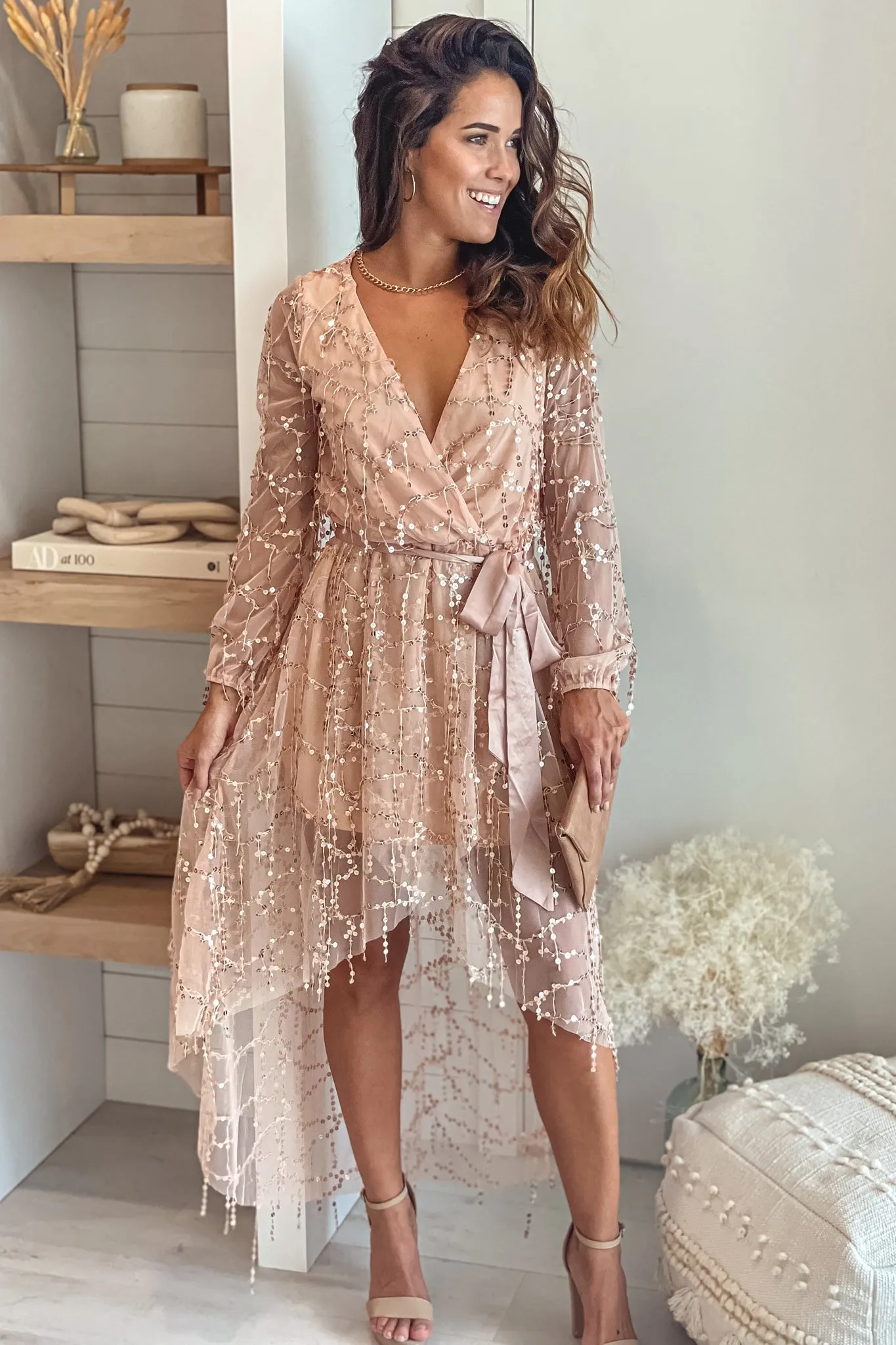 Champagne Sequin Fringe High Low Dress