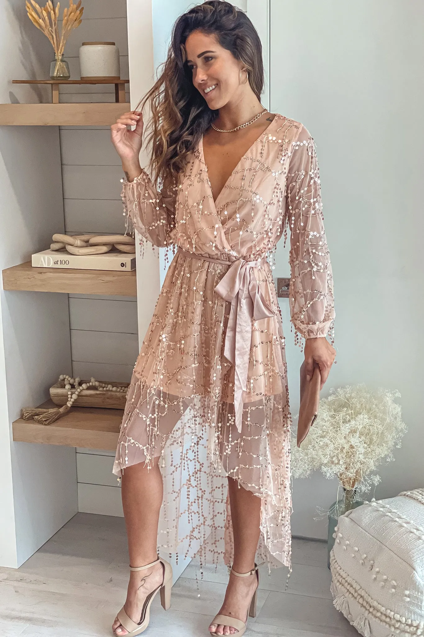 Champagne Sequin Fringe High Low Dress