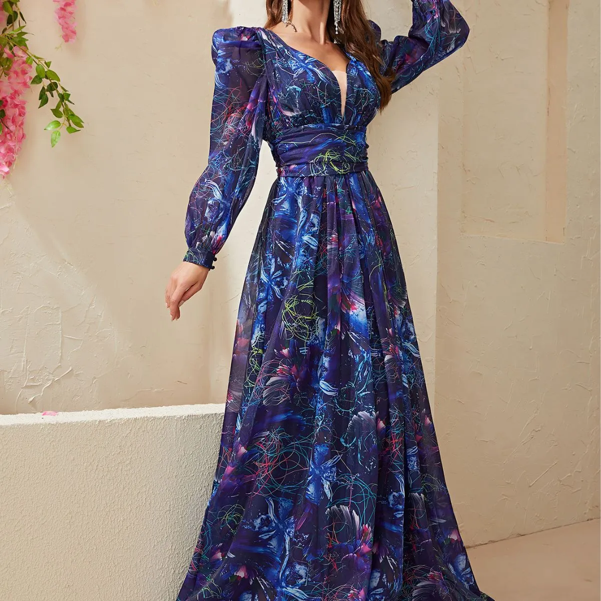 Chiffon Long Sleeve V Neck Printed Blue Gown