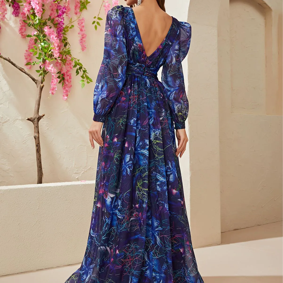 Chiffon Long Sleeve V Neck Printed Blue Gown