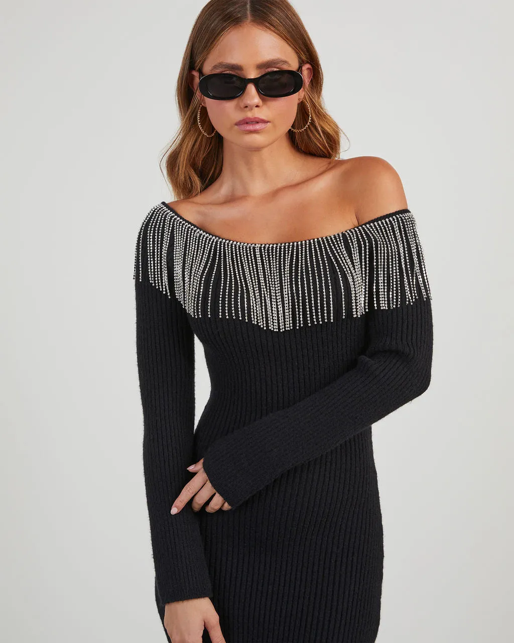 Dante Off The Shoulder Rhinestone Fringe Midi Dress