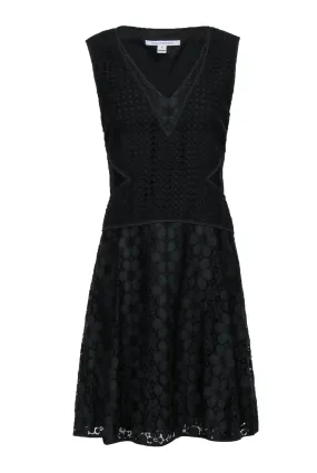 Diane von Furstenberg - Black Eyelet Floral Lace Cotton Blend Dress Sz 10