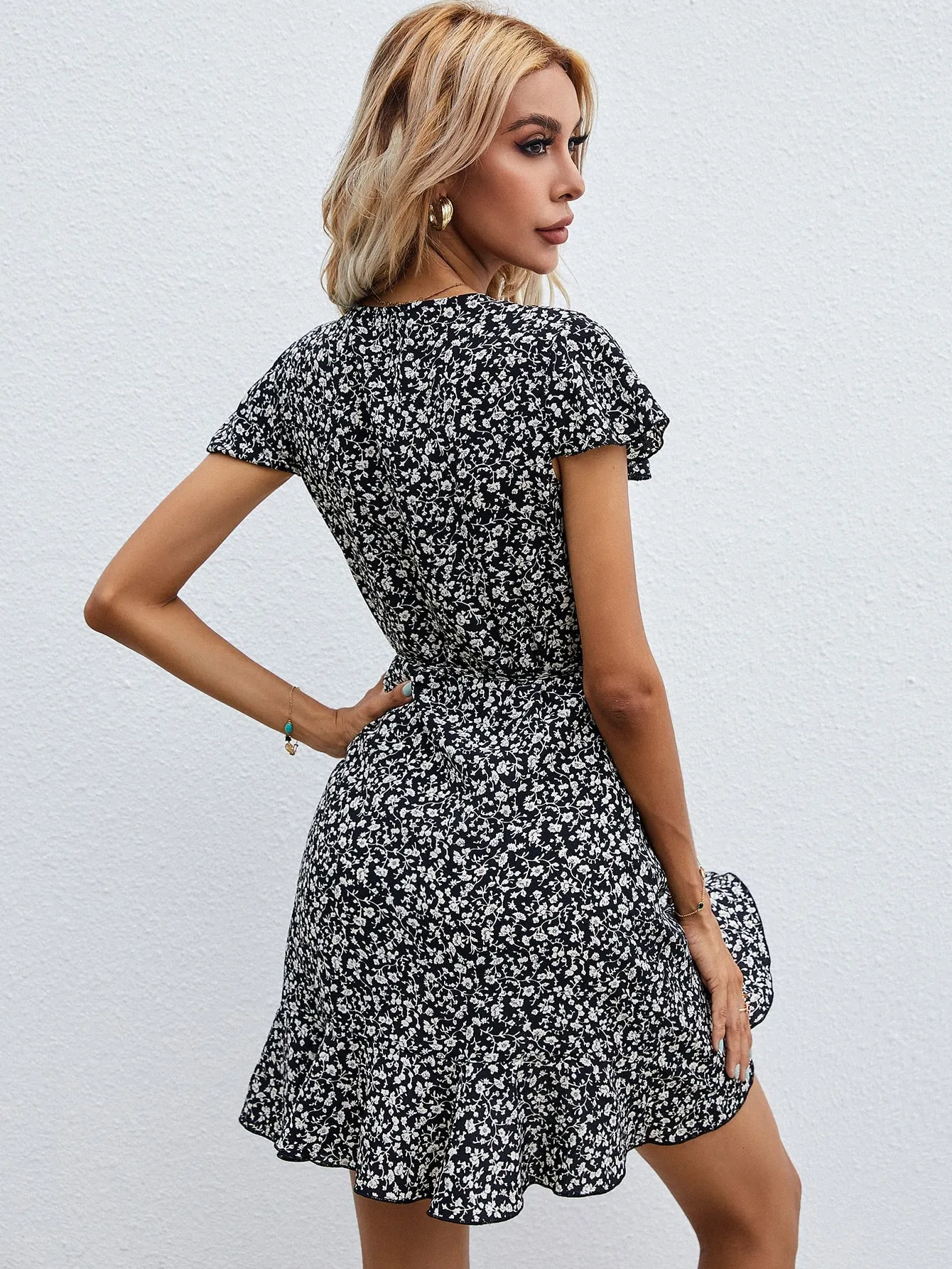 Ditsy Floral Wrap Short Sleeve V Neck Wrap High Waist Short Dress