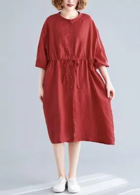 DIY o neck drawstring linen cotton quilting dresses red Shirts Dresses fall