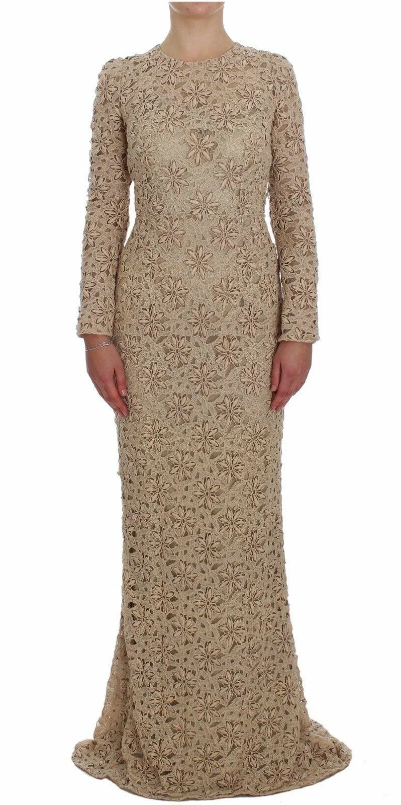 Dolce & Gabbana Beige Floral Lace Sheath Maxi Dress