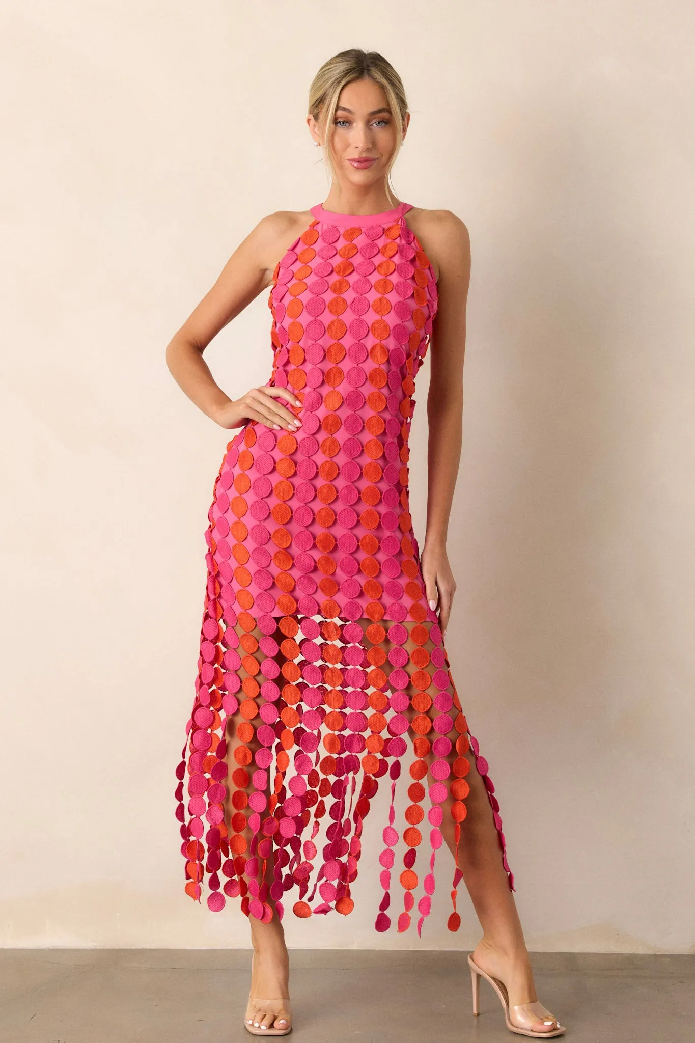 Dream Avenue Hot Pink Fringe Halter Top Midi Dress