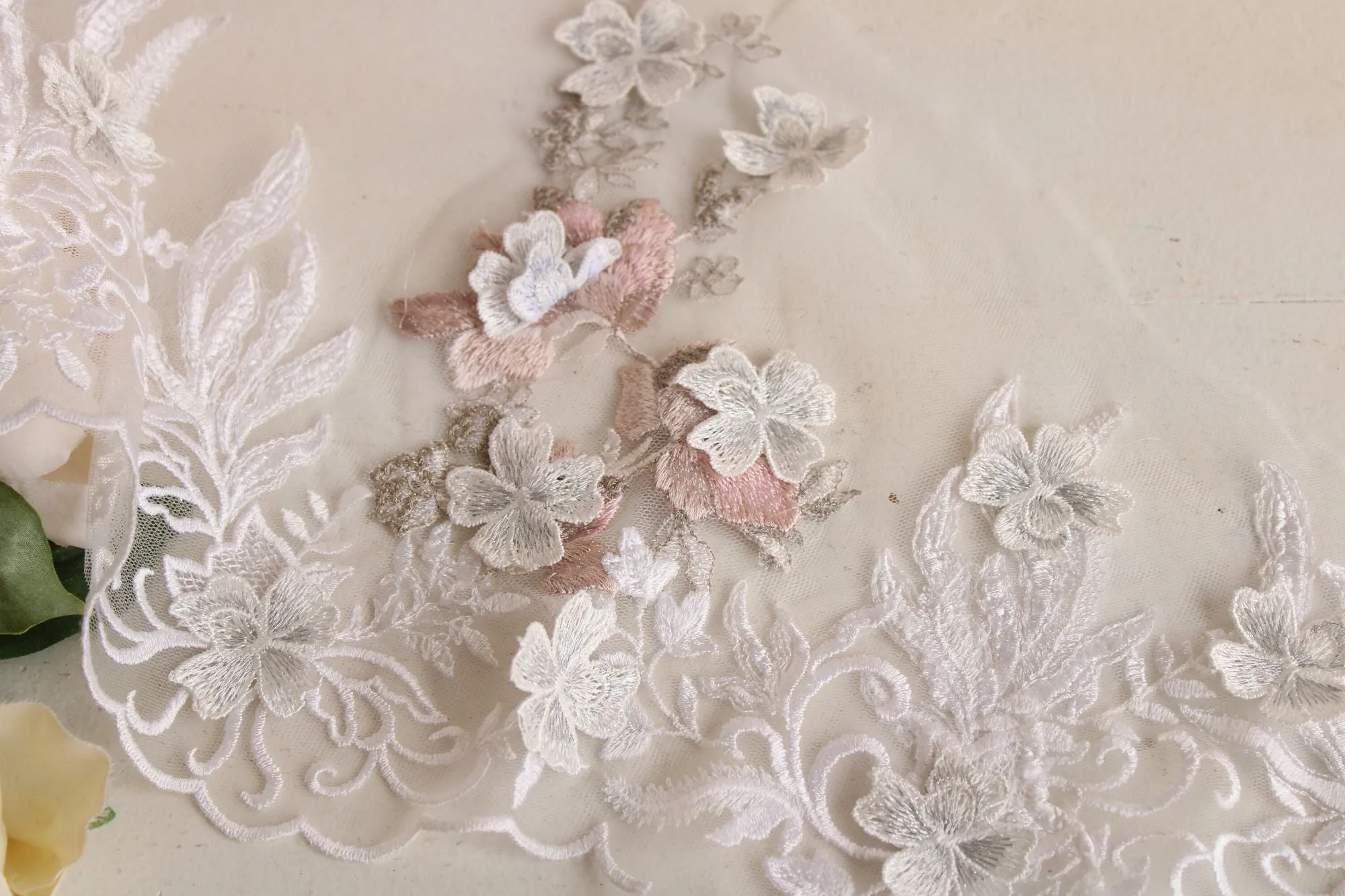 Embroidered Appliques, Embroidered Fabric Ends with Flower Appliques