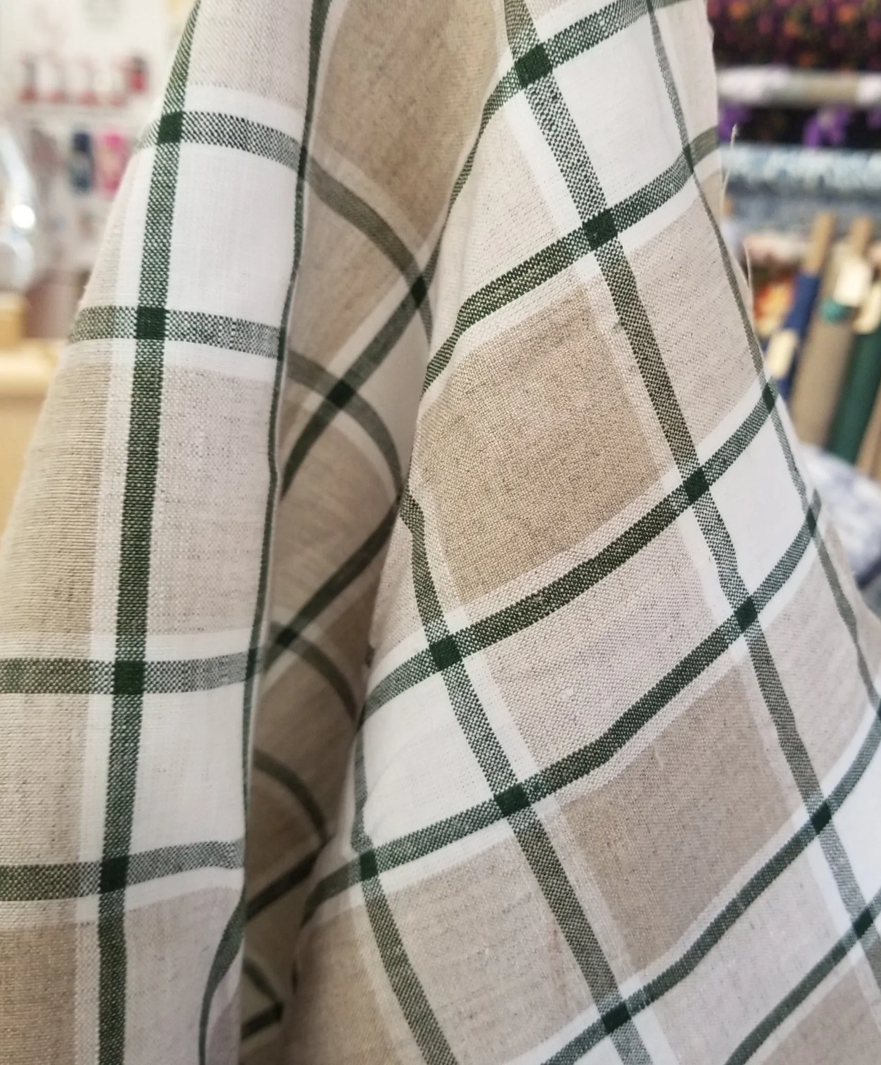 End of Bolt: 3 yards of Irish Linen Plaid Green and Tan Bryson Woven 194 GSM- remnant