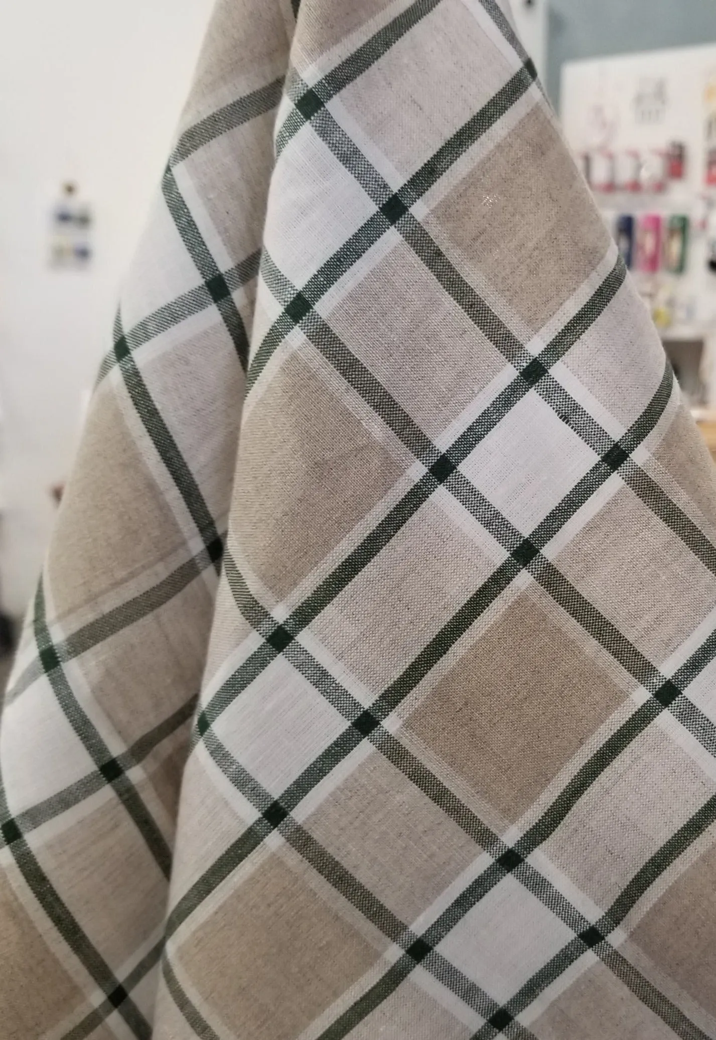 End of Bolt: 3 yards of Irish Linen Plaid Green and Tan Bryson Woven 194 GSM- remnant