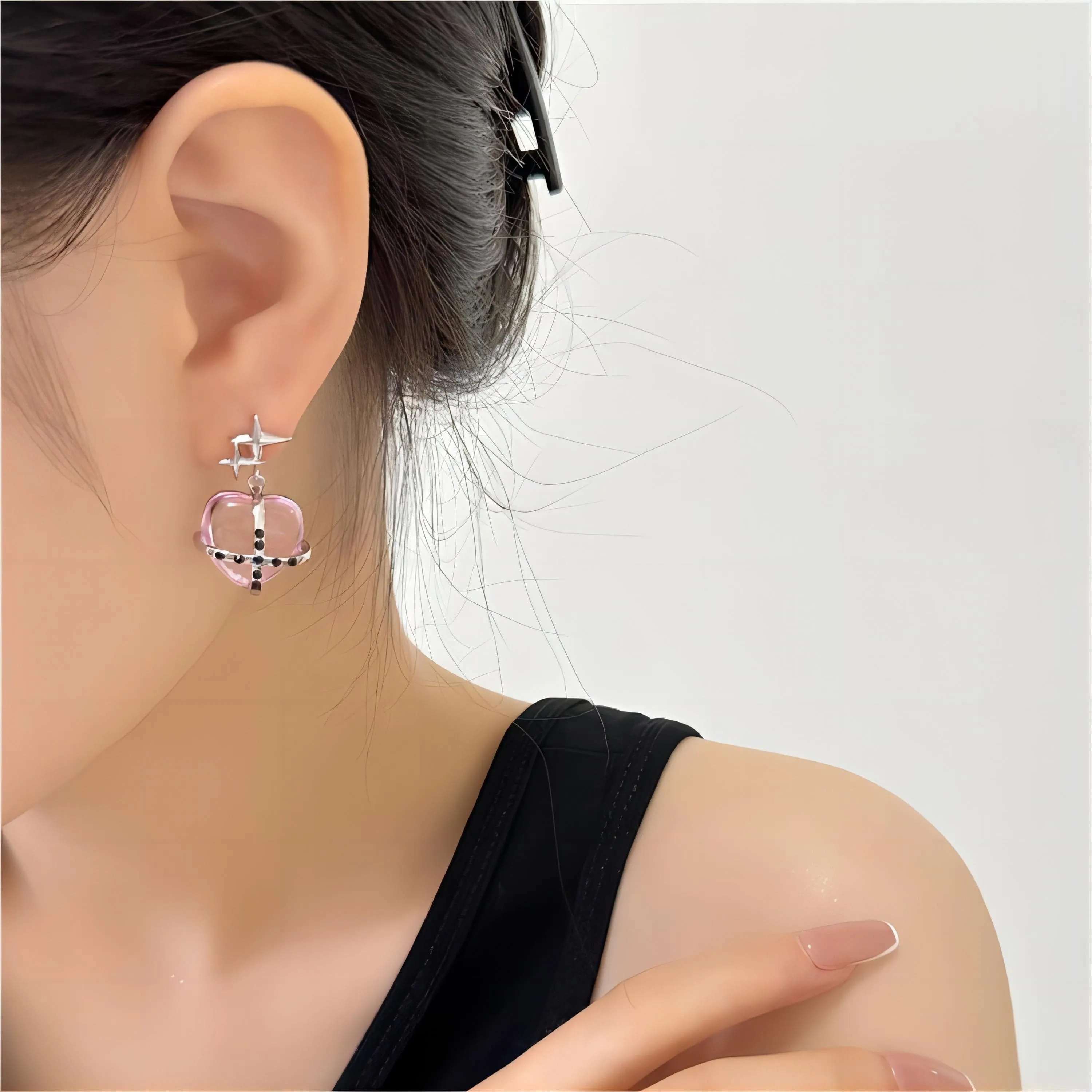 Exquisite Pink Star Heart Dangle Earrings