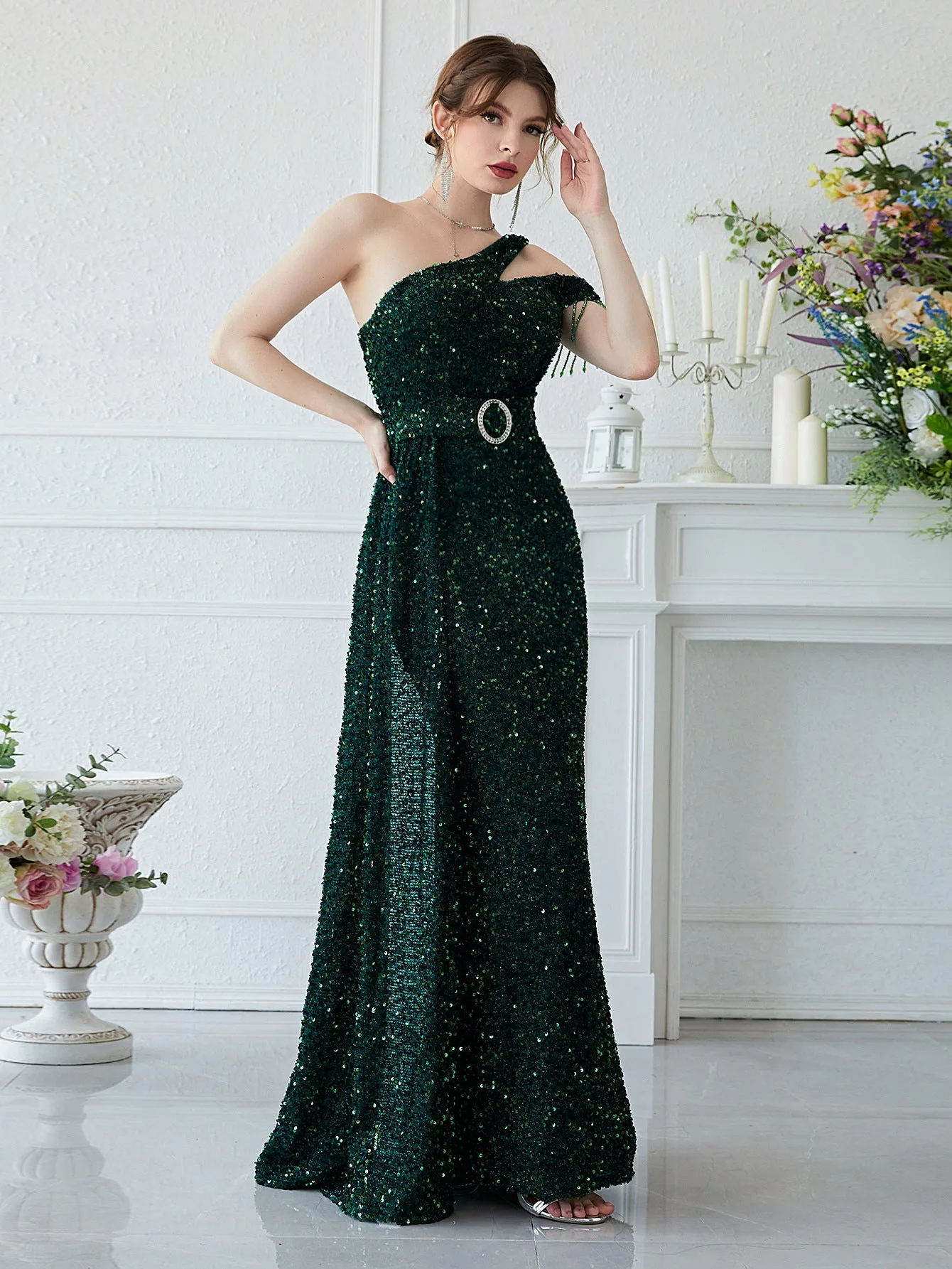 Ezra Sequin Off Shoulder Sleeveless Evening Dress