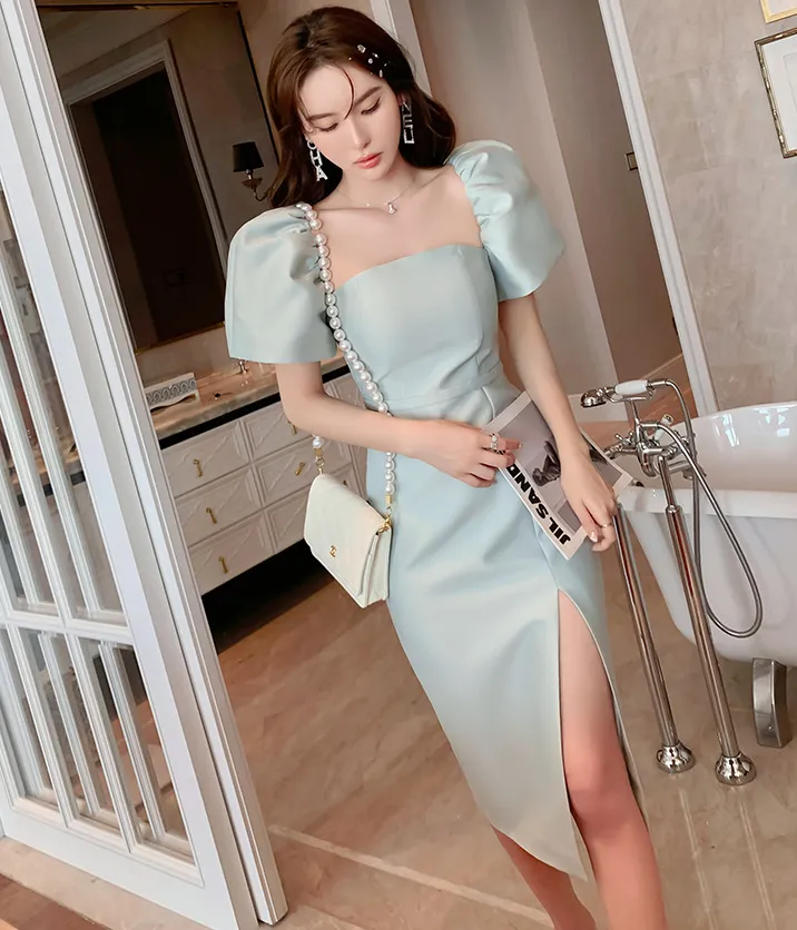 FashionSierra - Prom Dresses Puff Sleeves Square Neck Midi Dresses