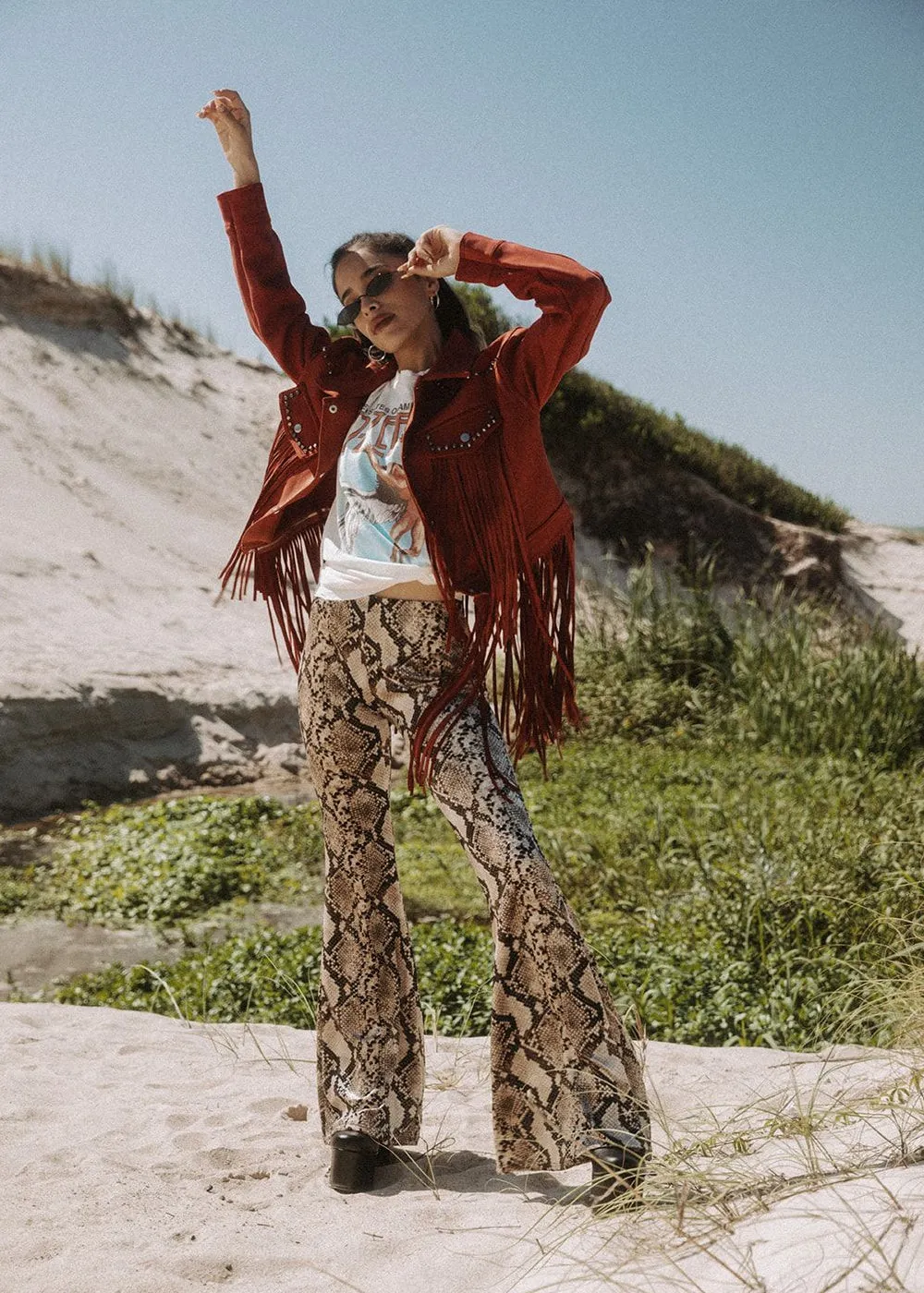 Festival Ready Red Fringe Jacket with Studs