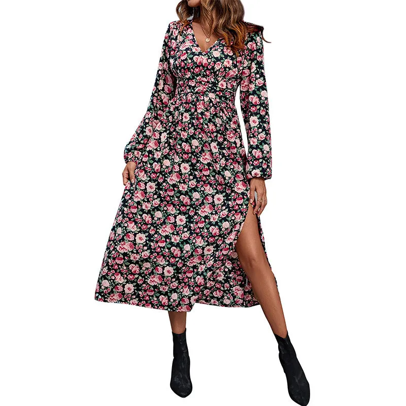 Floral Print Long Sleeve Split Dresses Wholesale Womens Clothing N3824080900008