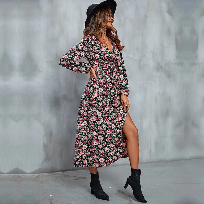 Floral Print Long Sleeve Split Dresses Wholesale Womens Clothing N3824080900008