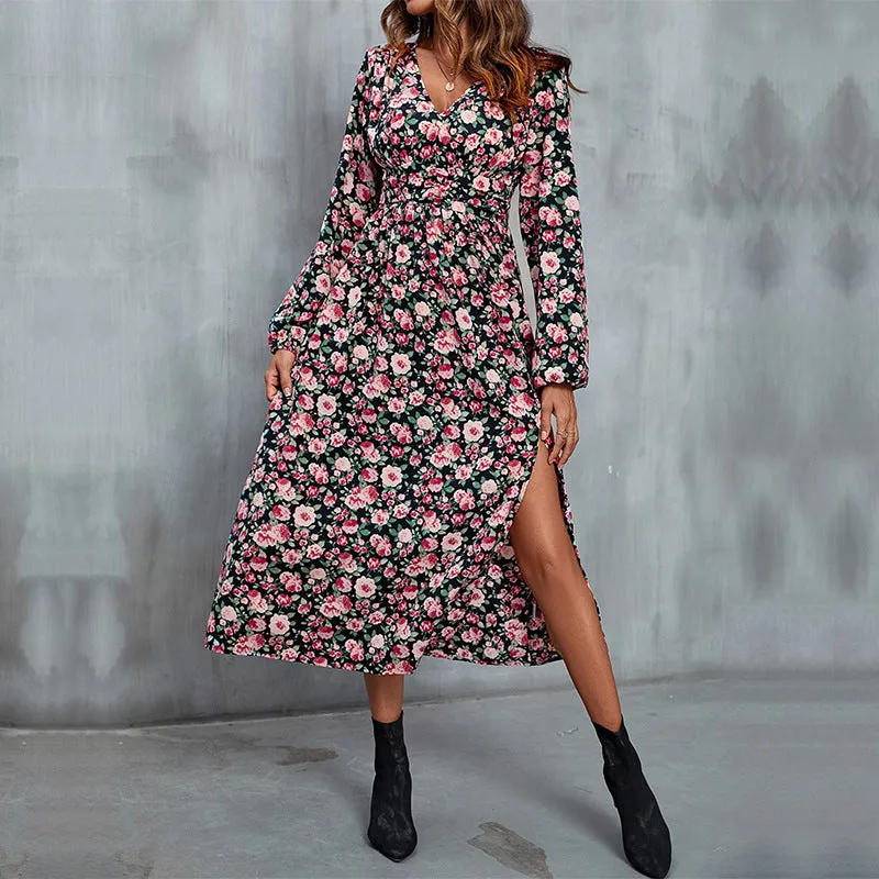 Floral Print Long Sleeve Split Dresses Wholesale Womens Clothing N3824080900008